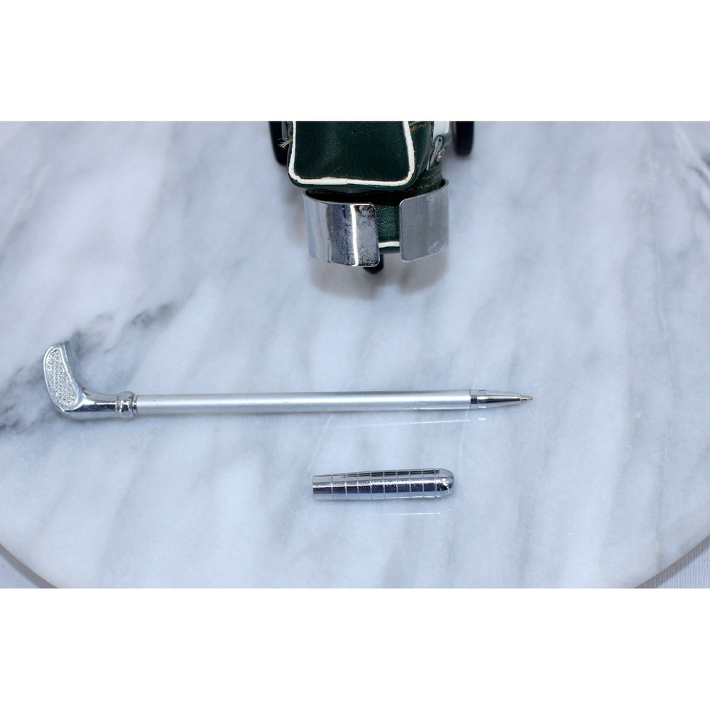 Vintage Miniature Golf Bag Desk Pen Holder Set Green White Chrome Pull Cart - Picture 5 of 5